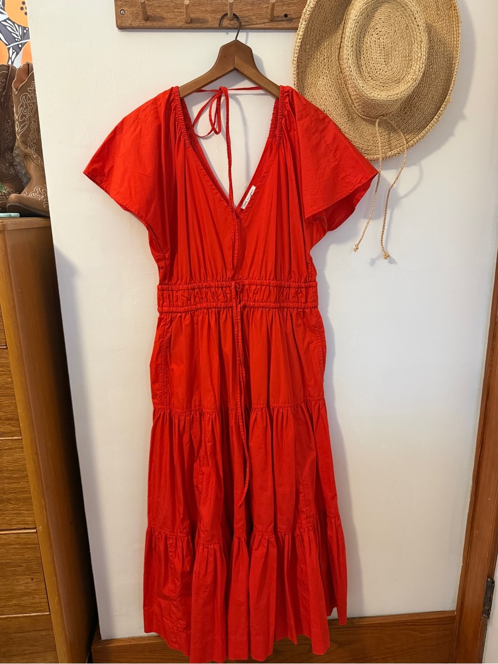 Red Tiered V-Neck Maxi Dress with Tie-Back